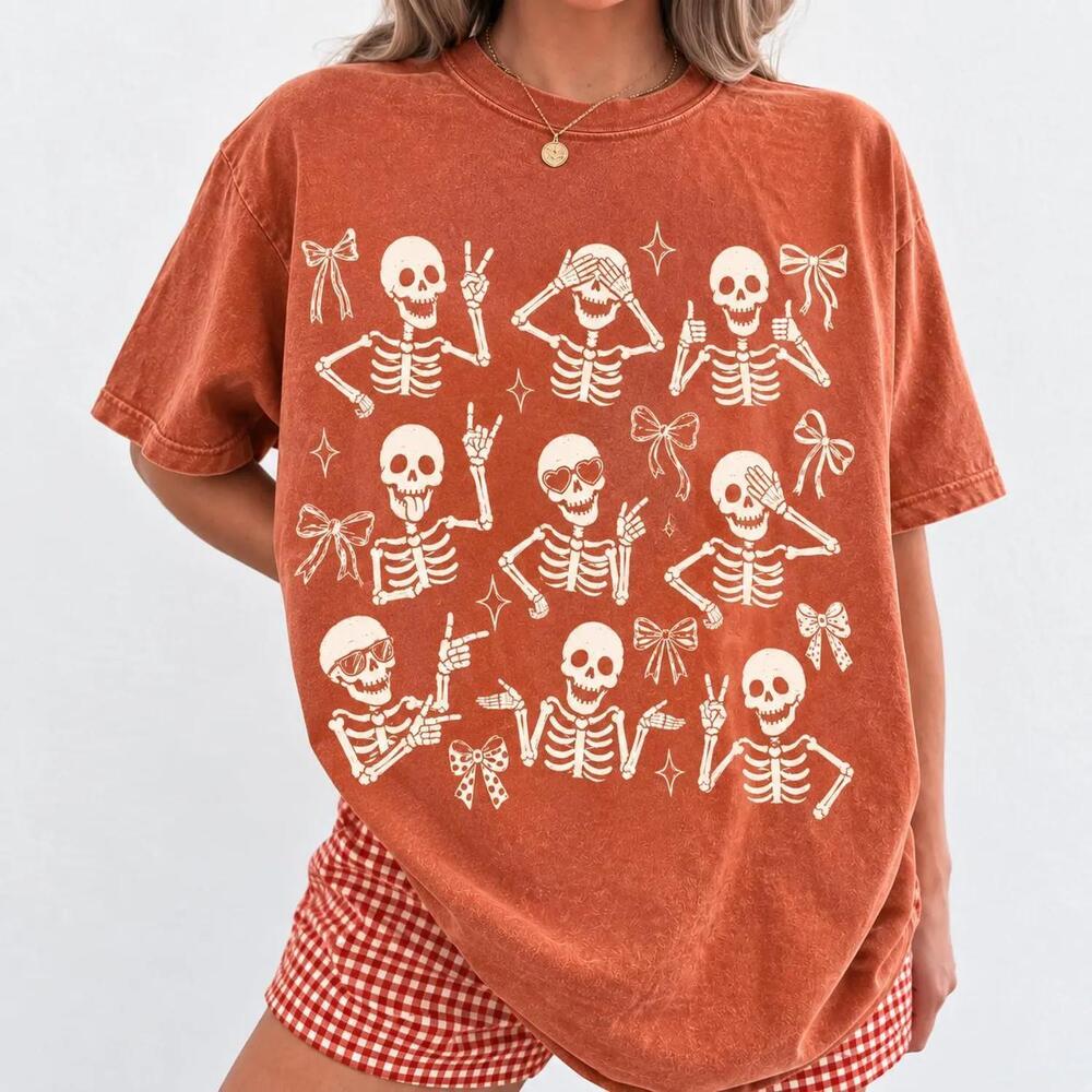Retro Halloween Funny Skeleton Bow Shirt, White Halloween Skeleton